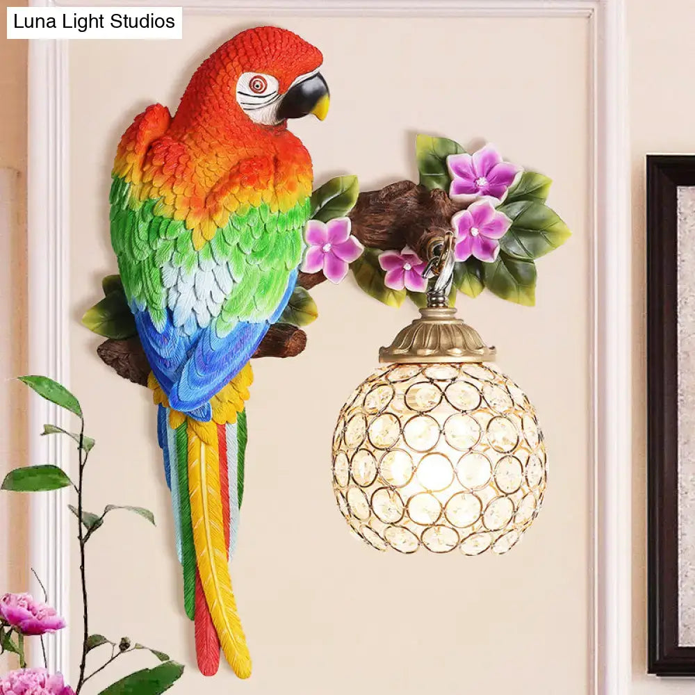 Vibrant rainbow-colored parrot wall sconce with crystal globe shade LED light compatible with 220v-240v and 110v-120v