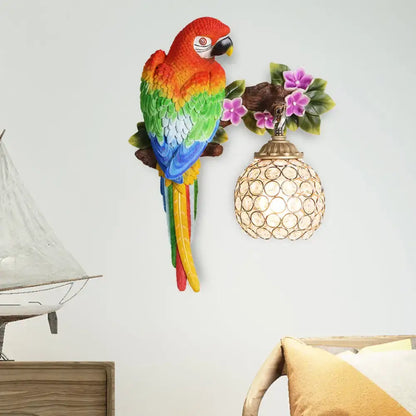 Vibrant multi-colored parrot wall sconce with detailed feathering and crystal lampshade suitable for 220v-240v led lighting