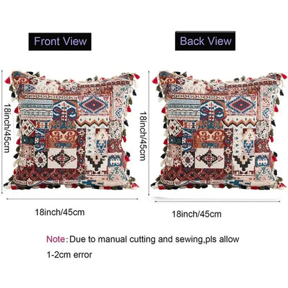 Vibrant patchwork ethnic boho throw pillow cover with 18-inch geometric patterns in red blue beige and colorful tassels decorbites pillow covers