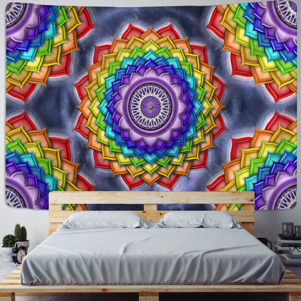 Vibrant pink and purple mandala chakra tapestry with intricate geometric patterns and cosmic background decorbites colorful mandala