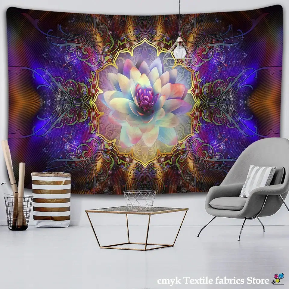 Vibrant pink and purple mandala chakra tapestry featuring colorful mandala decorbites for bedroom wall decor