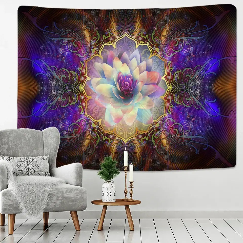 Vibrant pink and purple mandala chakra tapestry featuring a pastel lotus and gold patterns for colorful mandala decorbites