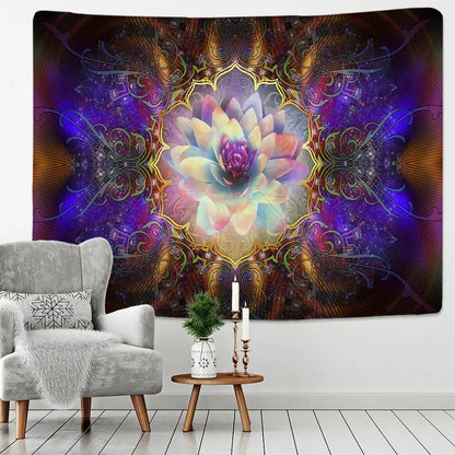 Vibrant pink and purple mandala chakra tapestry featuring a pastel lotus and gold patterns for colorful mandala decorbites