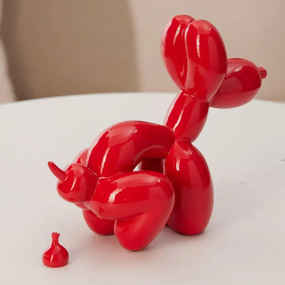 Vibrant red glossy dog balloon poop resin sculpture with playful design for living room decorbites dog balloon decor