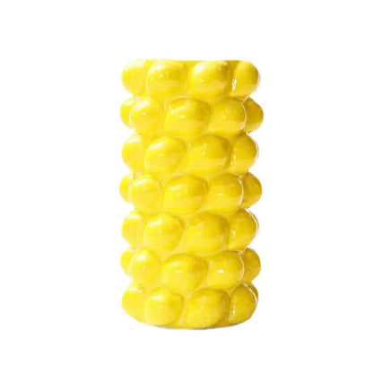 Vibrant yellow ceramic fruit relief vase shaped like a corn cob with glossy kernels for decorbites fruit relief decor