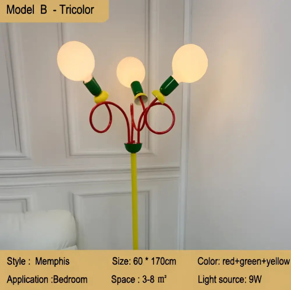 Vibrant red green and yellow tricolor memphis-style decorbites art led floor lamp with three glowing bulb heads for living room decor