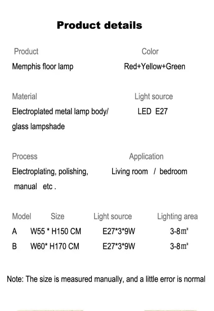 Vibrant red yellow and green memphis floor lamp with electroplated metal body and glass lampshade decorbites art led floor