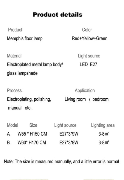 Vibrant red yellow and green memphis floor lamp with electroplated metal body and glass lampshade decorbites art led floor