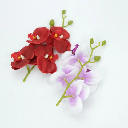 Vibrant silk butterfly orchid bouquet with red and lavender artificial flowers and green stems for wedding and home decor