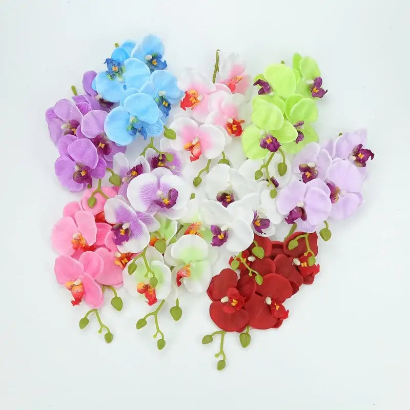 Vibrant silk butterfly orchid bouquet featuring artificial blue purple pink white green and red flowers for decor