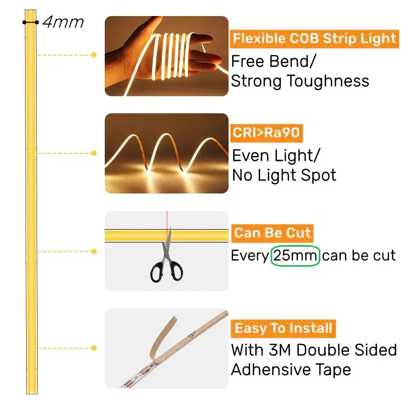 Flexible yellow 4mm cob led strip lights with free bend and strong toughness for bedroom linear tape lighting