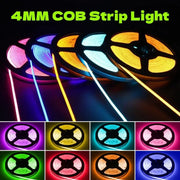 Vibrant slim 4mm cob led strip lights in pink blue yellow and green for customizable bedroom linear tape lighting