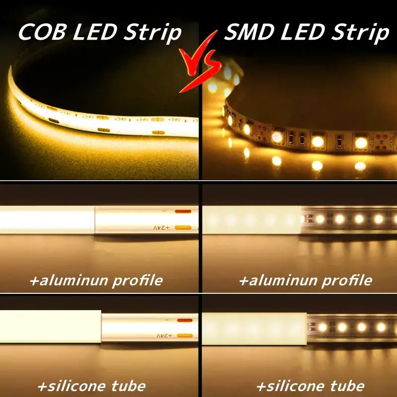 Comparison of vibrant slim 4mm cob led strip lights emitting warm white light with smd led strip lights for bedroom use