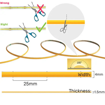 Yellow vibrant slim 4mm cob led strip lights with flexible cutting line for bedroom linear tape lighting use