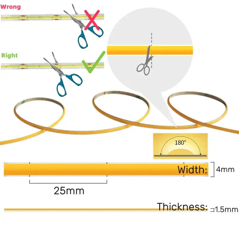 Yellow vibrant slim 4mm cob led strip lights with flexible cutting line for bedroom linear tape lighting use
