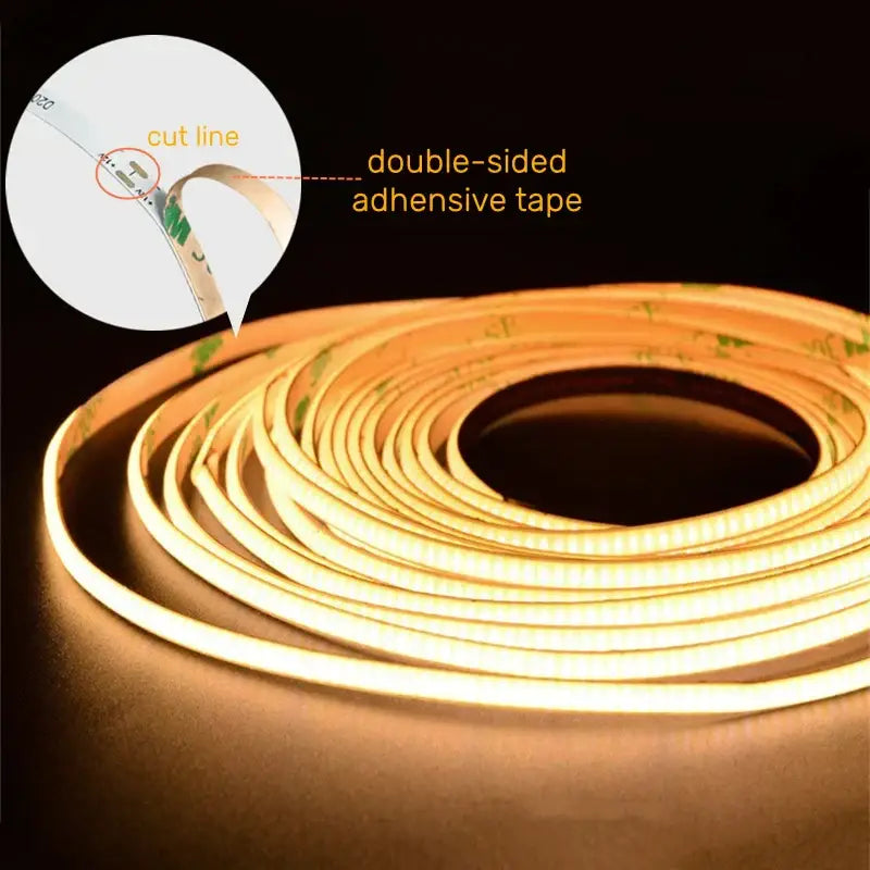 Coiled warm white vibrant slim 4mm cob led strip lights with double-sided adhesive tape for easy mounting