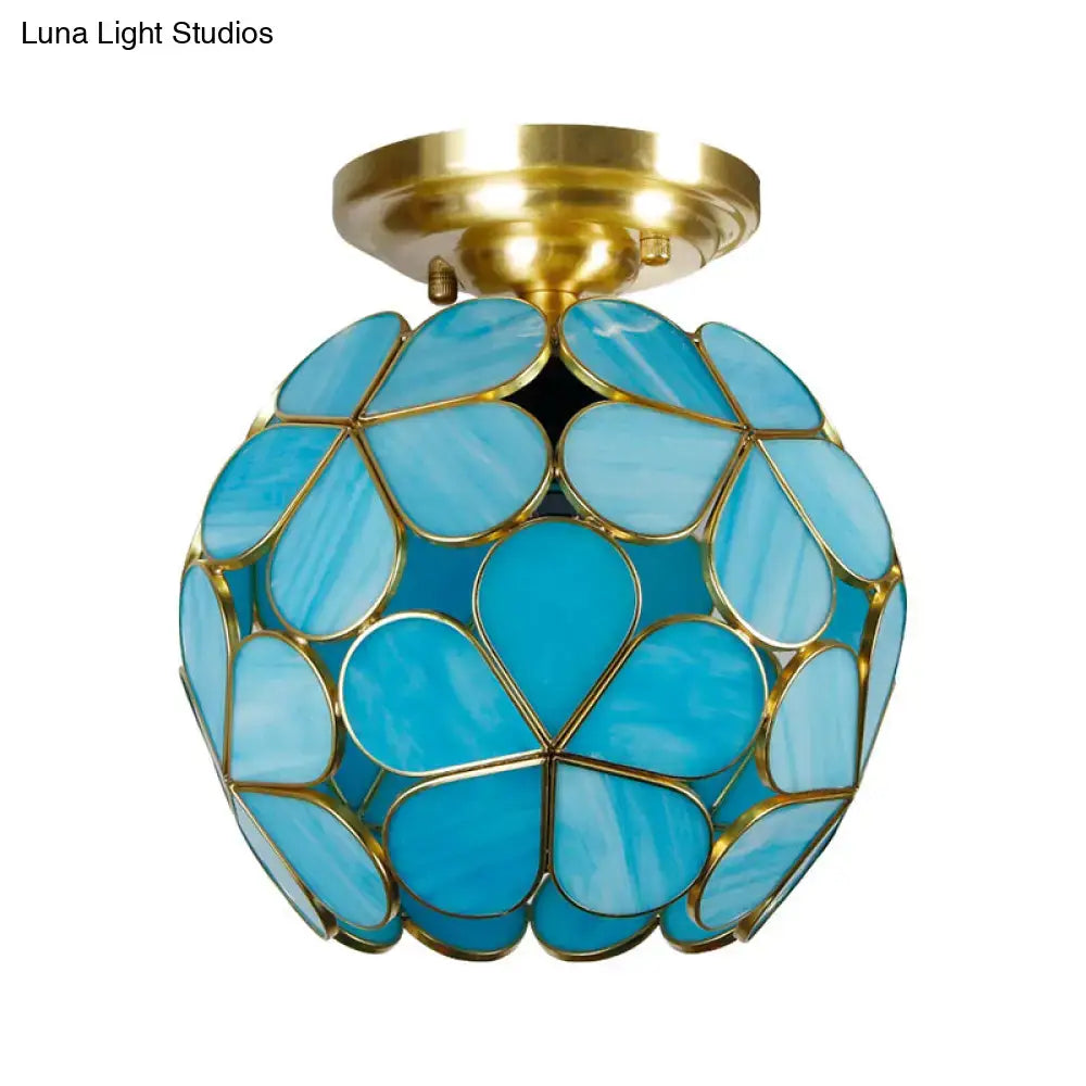 DecorBites™ victorian stained glass flower ceiling light with turquoise glass panels and gold-toned metal fixture