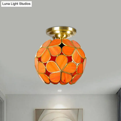DecorBites Victorian stained glass flower ceiling light with vibrant orange petals and brass-finished mounting base