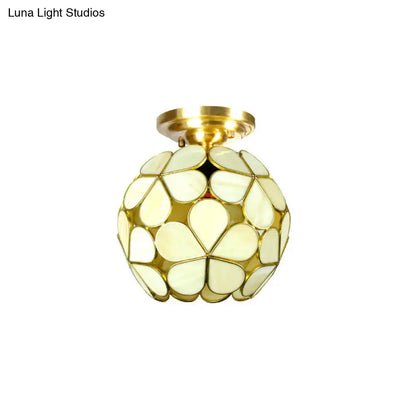 DecorBites™ Victorian stained glass flower ceiling light with off-white teardrop panels and brass finish semi-mount fixture
