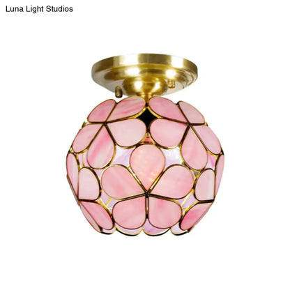Decorbites victorian stained glass flower ceiling light with pink petal panels and brass fixture ceiling fixture