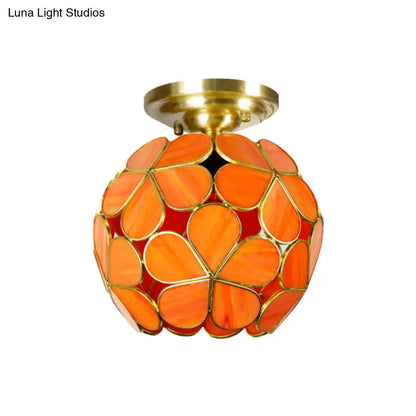 Vibrant orange decorbites victorian stained glass flower ceiling light with brass finish and petal-shaped panels ceiling fixture