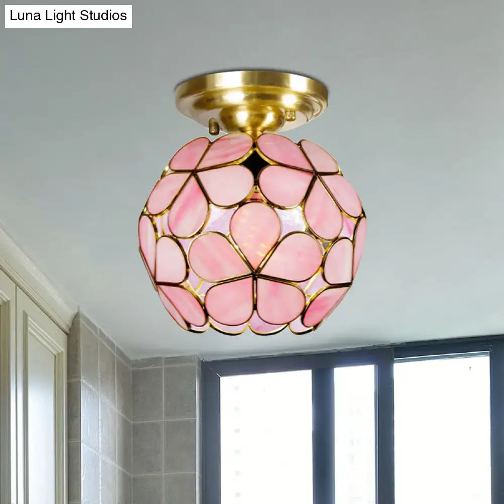 Decorbites victorian stained glass flower ceiling light with pink floral glass and gold-toned metal ceiling fixture
