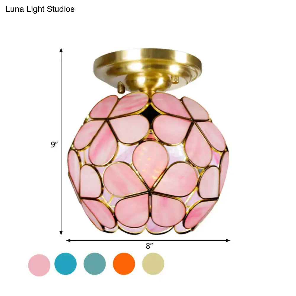 Decorbites victorian stained glass flower ceiling light with pink floral mosaic glass and brass hardware fixture