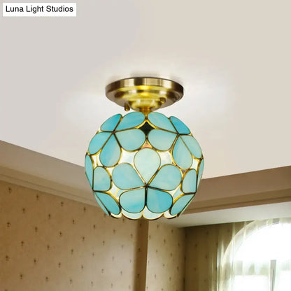 Decorbites victorian stained glass flower ceiling light with turquoise petals and gold-toned metal ceiling fixture