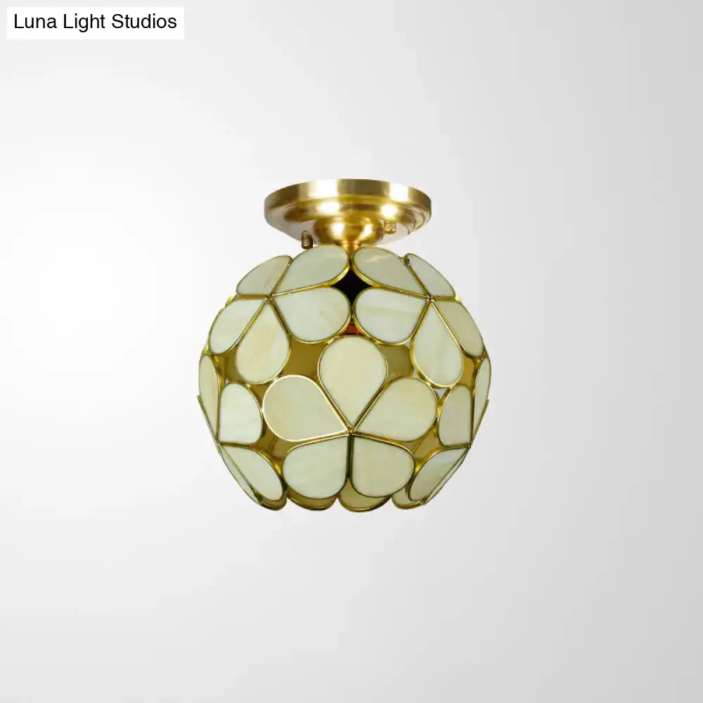 DecorBites Victorian stained glass flower ceiling light with brass base and frosted cream teardrop glass panels