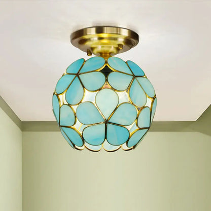 Decorbites victorian stained glass flower ceiling fixture with turquoise petals and gold-toned metal frame
