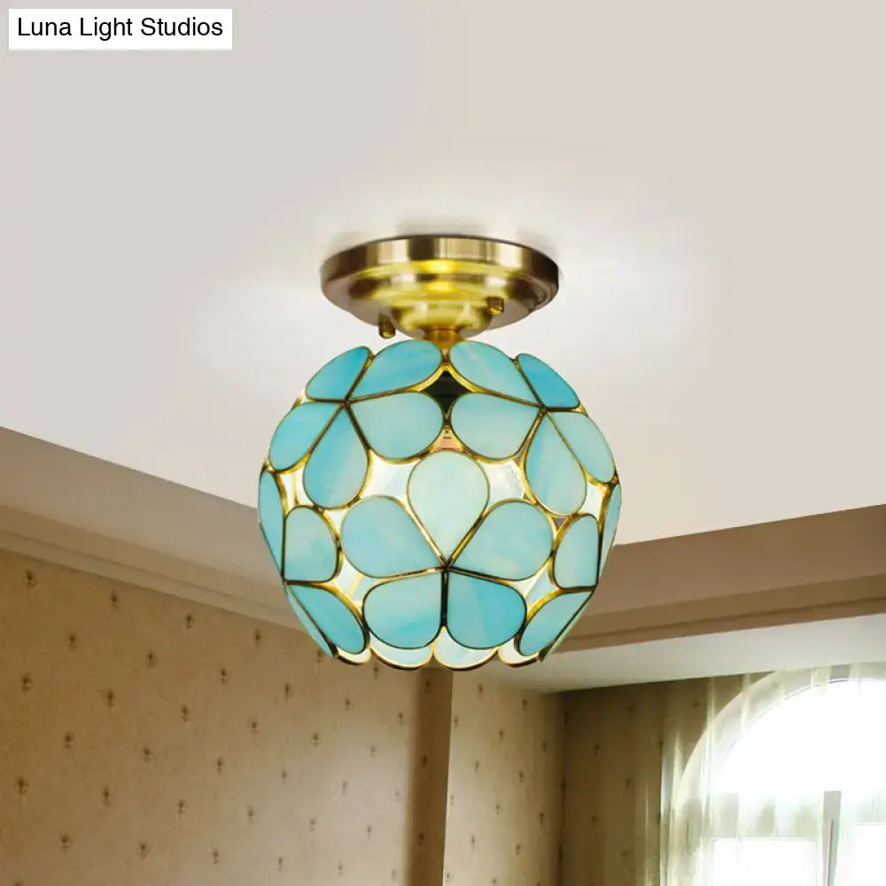 Decorbites victorian stained glass flower ceiling fixture with pale blue floral panels and brass base in semi-mount design
