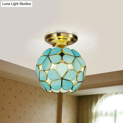 Decorbites victorian stained glass flower ceiling fixture with pale blue floral panels and brass base in semi-mount design