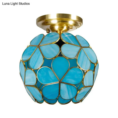 DecorBites Victorian stained glass flower ceiling light in white pink orange with brass mounting base and floral panels