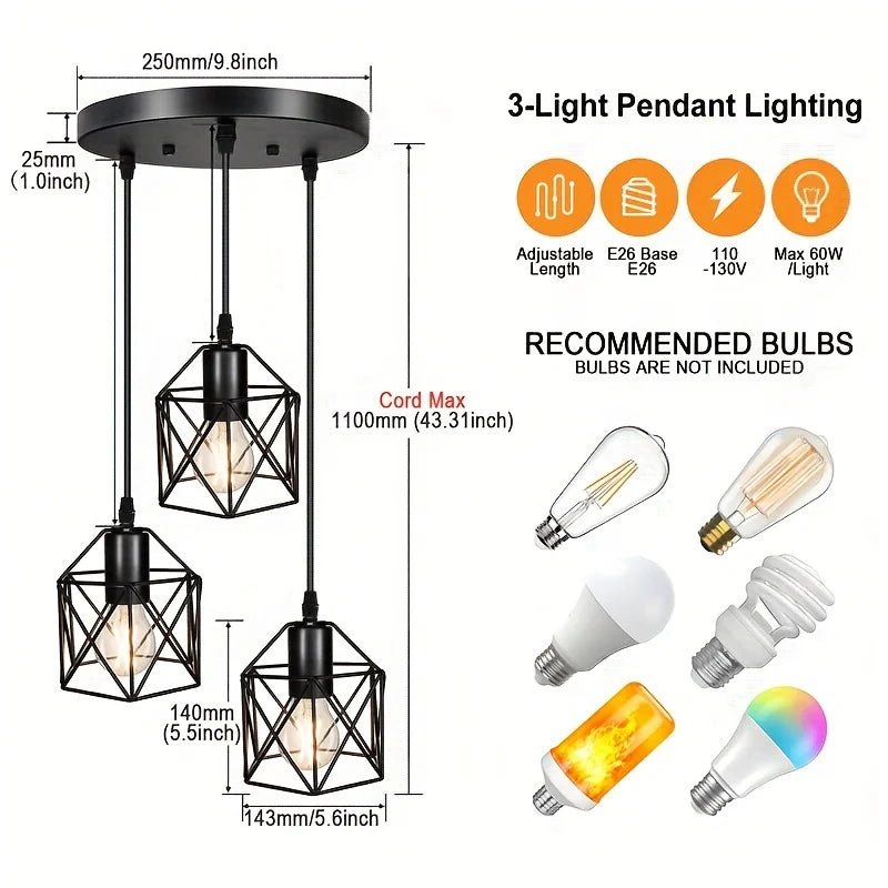 Vintage 3-Light Black Metal Pendant Chandelier - Decorbites