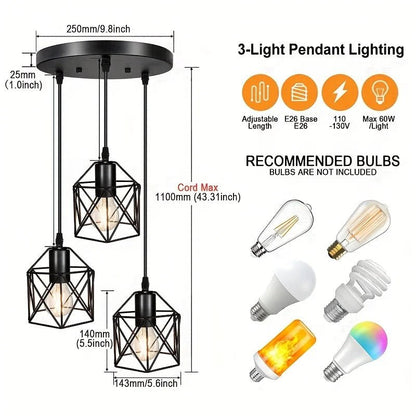 Vintage 3-Light Black Metal Pendant Chandelier - Decorbites