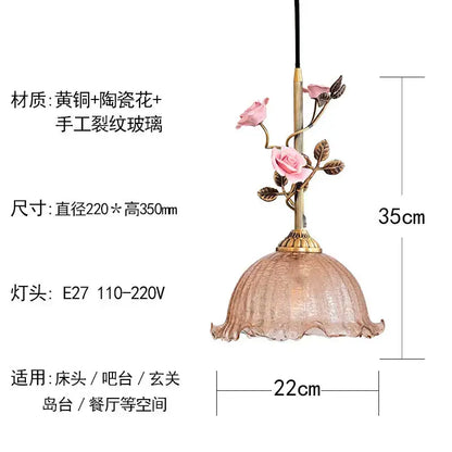 Delicate pink rose-themed pendant light with gold-toned brass frame and handcrafted glass shade for dining room decorbites french rose copper