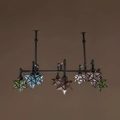 Decorbites rustic star-shaped stained glass dining room chandelier with 8 pendant lights black metal arms hanging rod