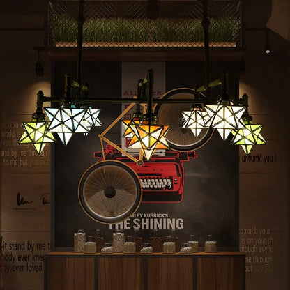 DecorBites™ rustic star-shaped stained glass dining room chandelier with 8 pendant lights and black metal hanging rod uses led incandescent fluorescent bulbs