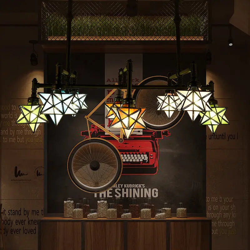 DecorBites™ rustic star-shaped stained glass dining room chandelier with 8 pendant lights and black metal hanging rod uses led incandescent fluorescent bulbs