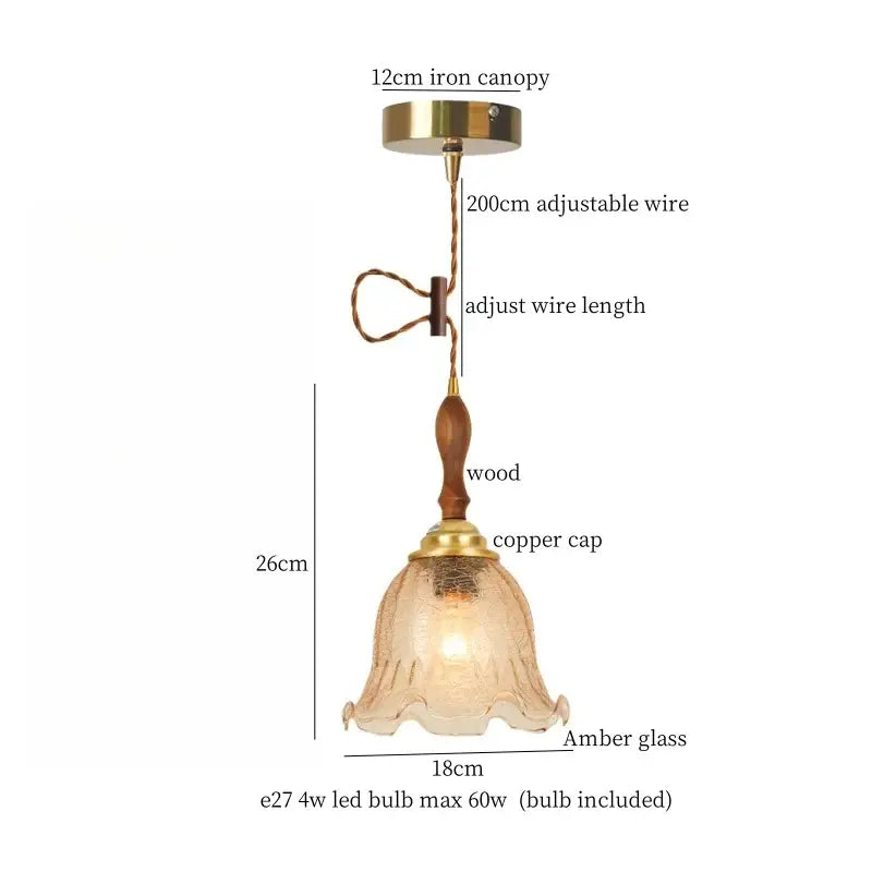 Vintage amber cracked glass led pendant light with wooden stem brass accents and adjustable wire suspension by decorbites