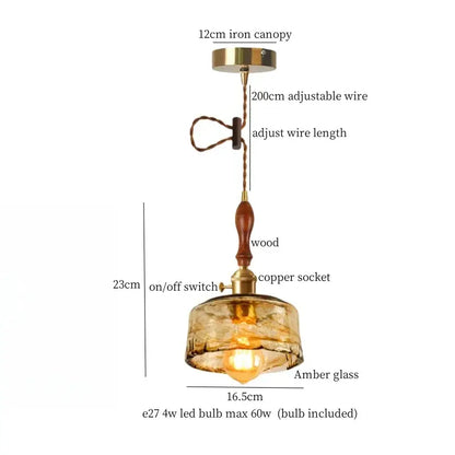 Vintage amber cracked glass led pendant lights with warm amber glass wooden handle and brass accents by decorbites