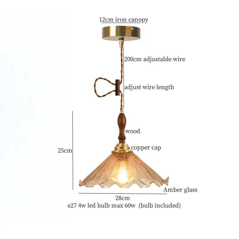 Vintage amber cracked glass led pendant lights with wooden stem copper cap 12cm iron canopy decorbites cracked glass