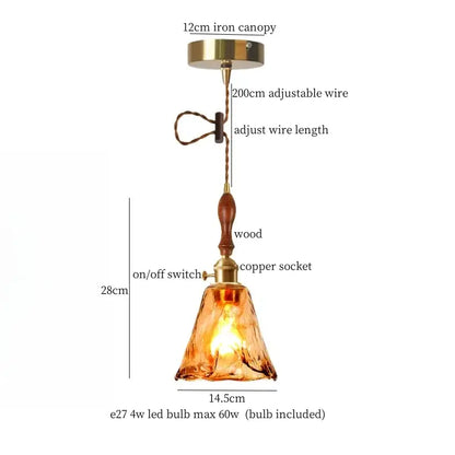 Vintage amber cracked glass led pendant lights featuring warm amber glass, wooden handle, and brass accents from decorbites cracked glass collection