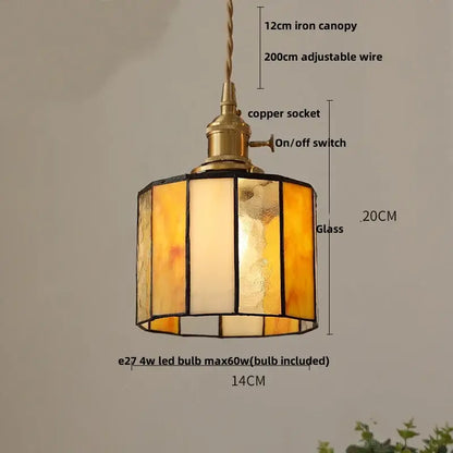 Vintage amber and cream stained glass pendant lamp with brass copper socket iron canopy and decorbites copper knob switch