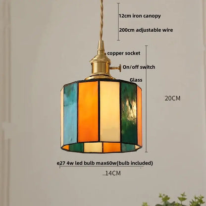Vintage amber and cream stained glass pendant lamp with decorbites copper knob switch and adjustable wire suspension