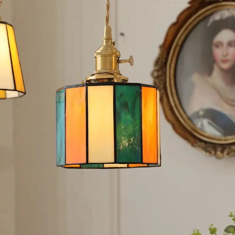Vintage amber and cream stained glass pendant lamp with knob switch and decorbites copper knob in brass fixture