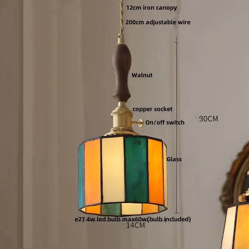 Vintage amber and cream stained glass pendant lamp with walnut iron canopy and decorbites copper knob switch