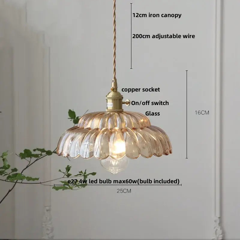 Vintage amber flower glass pendant lamp with fluted petals and brass accents for dining room lighting