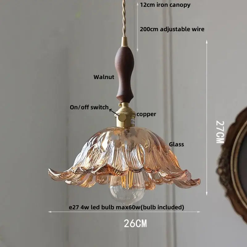 Vintage amber flower glass pendant lamp with walnut iron canopy and copper accents, featuring adjustable 200cm wire