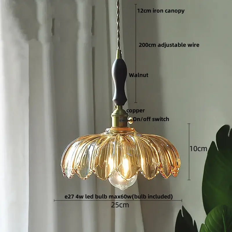 Vintage amber flower glass pendant lamp with golden petal-shaped glass and walnut iron canopy for dining room lighting